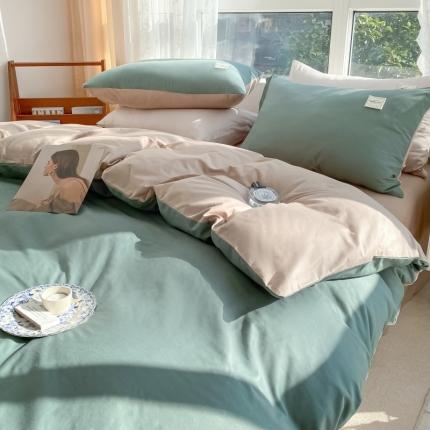 91家纺网 家纺一手货源 找家纺 2025小清新40支水洗全棉纯色双拼四件套单被套 果绿+卡其