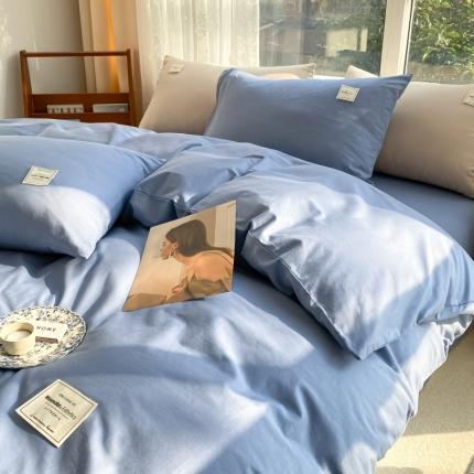 91家纺网 家纺一手货源 找家纺 秀色2025小清新40支水洗全棉纯色双拼四件套ins风单被套 牛仔蓝
