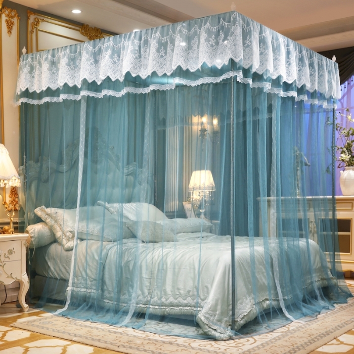 91家纺网 家纺一手货源 找家纺 初心家纺 2025新款升级款三开门宫廷蚊帐-春暖花开 雾霾蓝