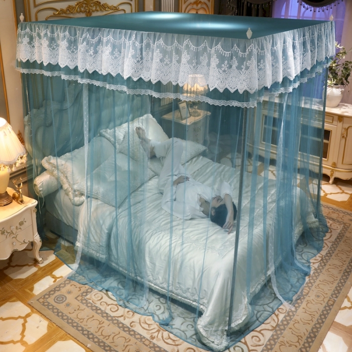 91家纺网 家纺一手货源 找家纺 初心家纺 2025新款升级款三开门宫廷蚊帐-春暖花开 雾霾蓝