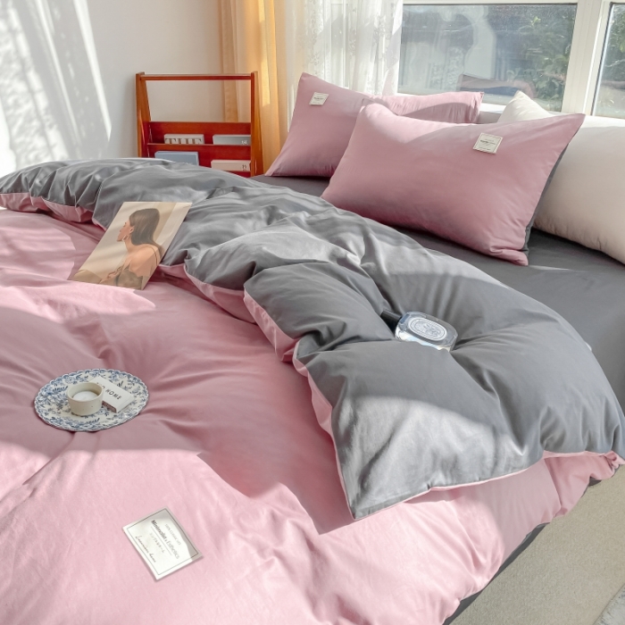 91家纺网 家纺一手货源 找家纺 秀色2025小清新40支水洗全棉纯色双拼四件套ins风单被套 豆沙深灰
