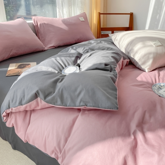 91家纺网 家纺一手货源 找家纺 秀色2025小清新40支水洗全棉纯色双拼四件套ins风单被套 豆沙深灰