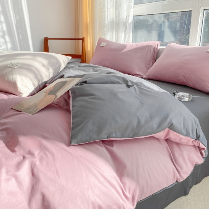 91家纺网 家纺一手货源 找家纺 秀色2025小清新40支水洗全棉纯色双拼四件套ins风单被套 豆沙深灰