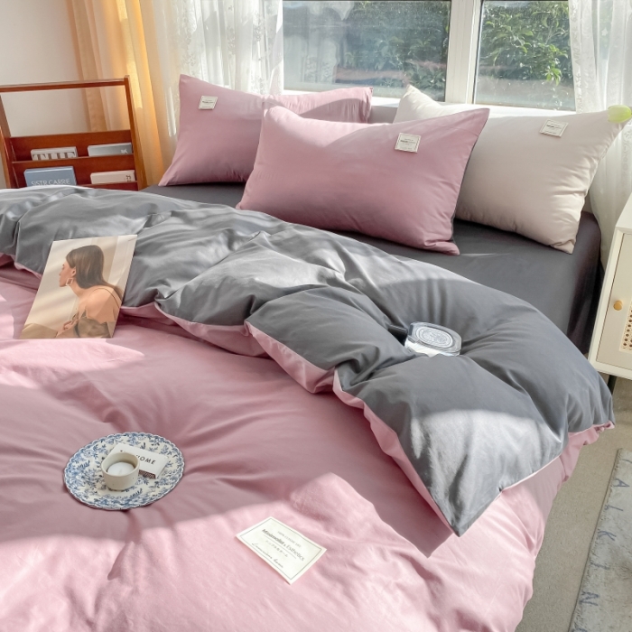 91家纺网 家纺一手货源 找家纺 秀色2025小清新40支水洗全棉纯色双拼四件套ins风单被套 豆沙深灰