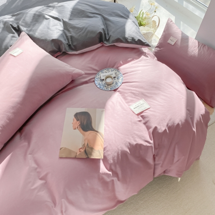 91家纺网 家纺一手货源 找家纺 秀色2025小清新40支水洗全棉纯色双拼四件套ins风单被套 豆沙深灰