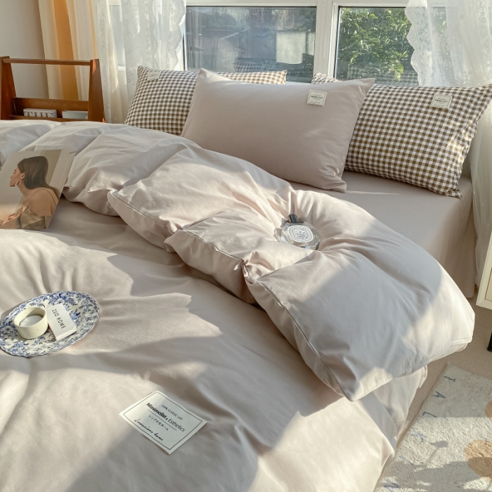 91家纺网 家纺一手货源 找家纺 2025小清新40支水洗全棉纯色双拼四件套单被套 米驼