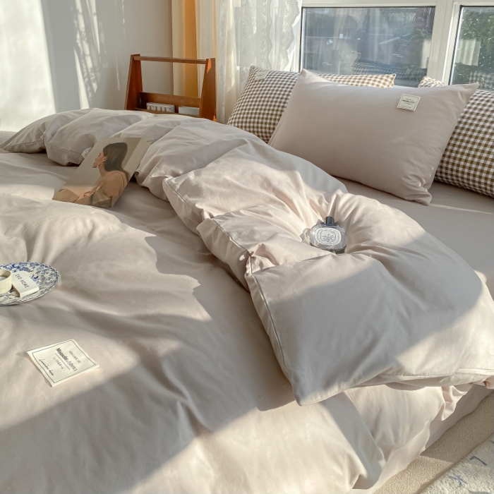91家纺网 家纺一手货源 找家纺 2025小清新40支水洗全棉纯色双拼四件套单被套 米驼