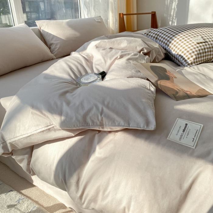 91家纺网 家纺一手货源 找家纺 2025小清新40支水洗全棉纯色双拼四件套单被套 米驼