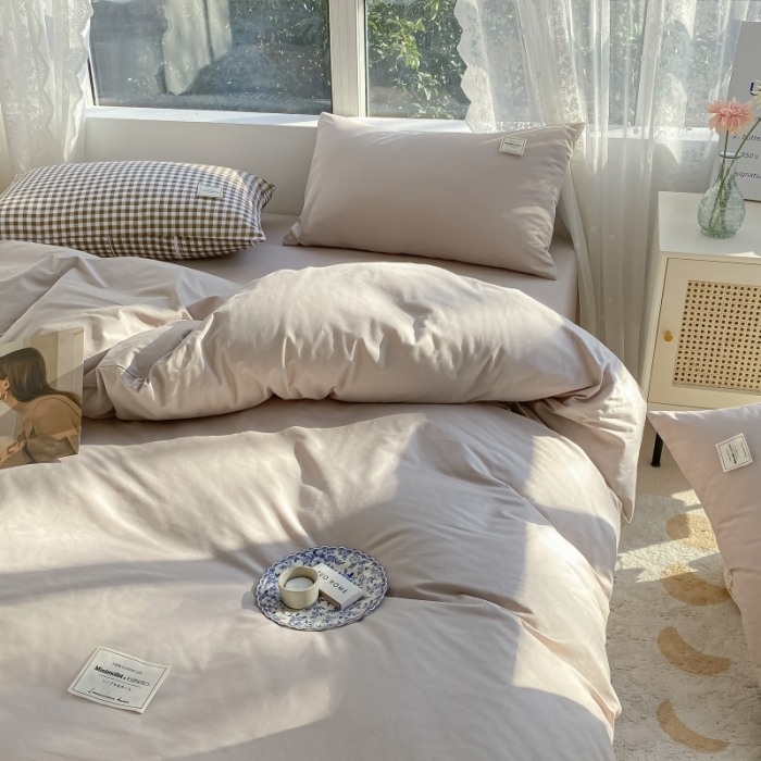 91家纺网 家纺一手货源 找家纺 2025小清新40支水洗全棉纯色双拼四件套单被套 米驼