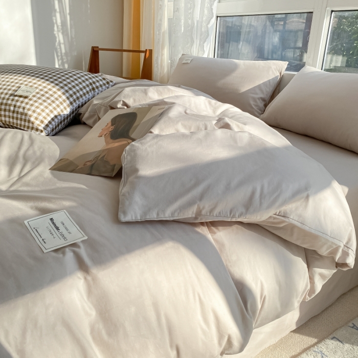 91家纺网 家纺一手货源 找家纺 2025小清新40支水洗全棉纯色双拼四件套单被套 米驼