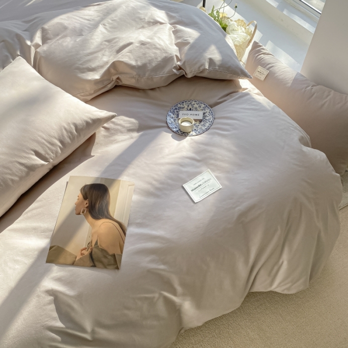 91家纺网 家纺一手货源 找家纺 2025小清新40支水洗全棉纯色双拼四件套单被套 米驼