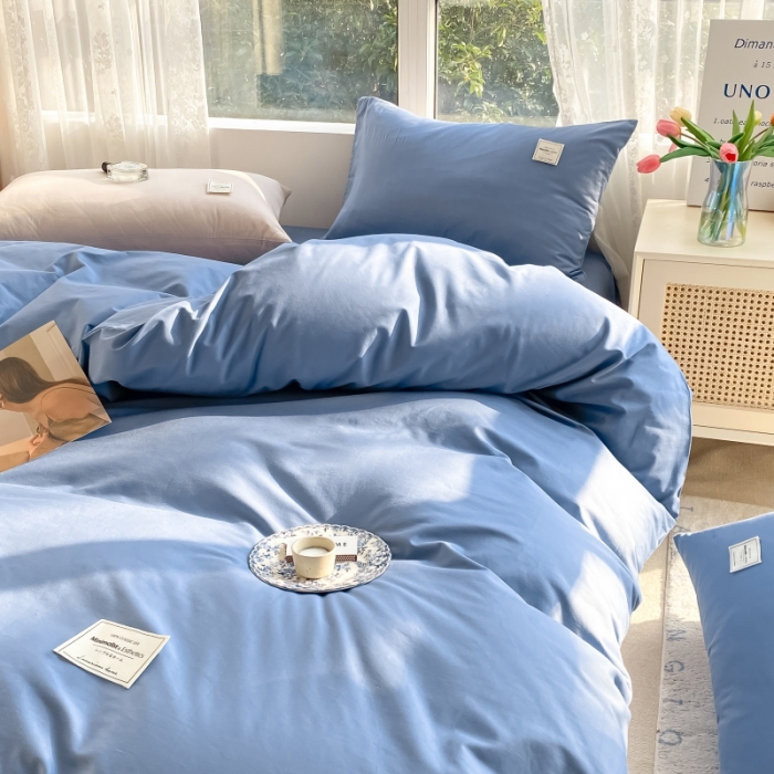 91家纺网 家纺一手货源 找家纺 秀色2025小清新40支水洗全棉纯色双拼四件套ins风单被套 牛仔蓝