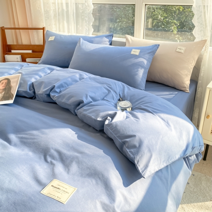 91家纺网 家纺一手货源 找家纺 秀色2025小清新40支水洗全棉纯色双拼四件套ins风单被套 牛仔蓝