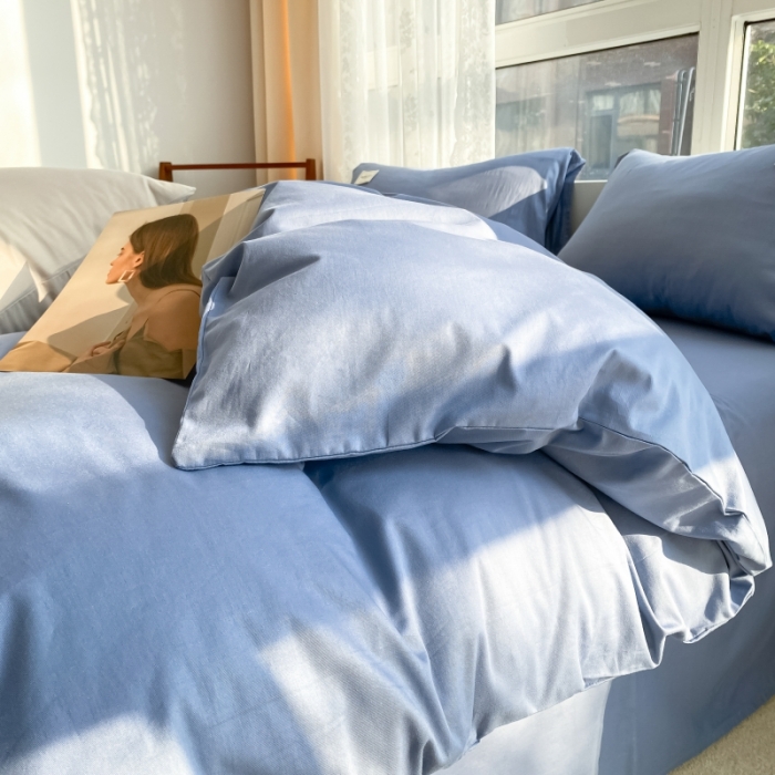 91家纺网 家纺一手货源 找家纺 秀色2025小清新40支水洗全棉纯色双拼四件套ins风单被套 牛仔蓝