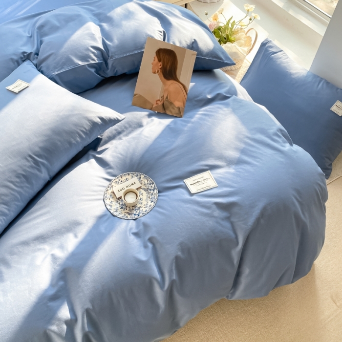 91家纺网 家纺一手货源 找家纺 秀色2025小清新40支水洗全棉纯色双拼四件套ins风单被套 牛仔蓝