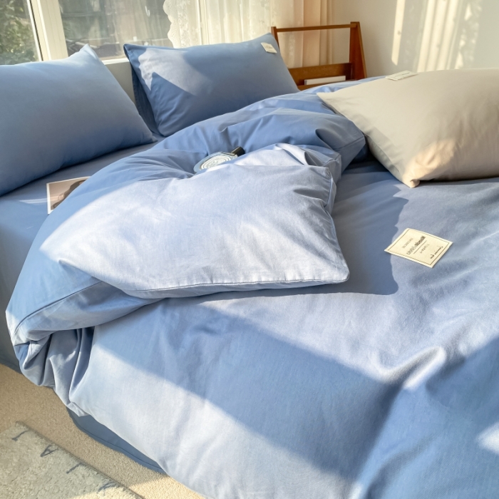 91家纺网 家纺一手货源 找家纺 秀色2025小清新40支水洗全棉纯色双拼四件套ins风单被套 牛仔蓝