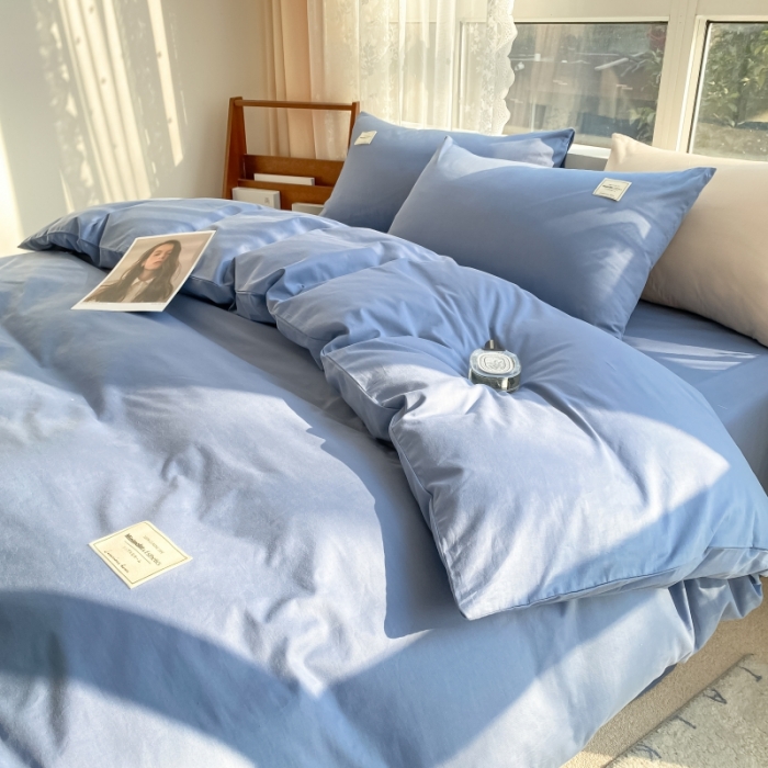 91家纺网 家纺一手货源 找家纺 秀色2025小清新40支水洗全棉纯色双拼四件套ins风单被套 牛仔蓝