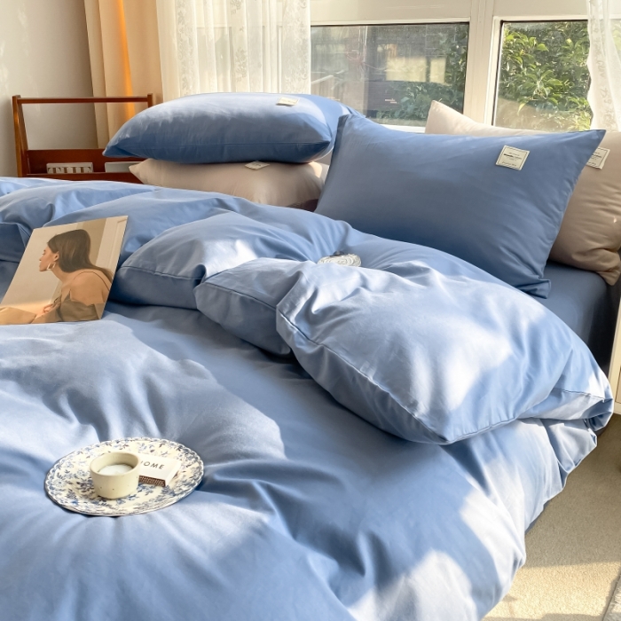 91家纺网 家纺一手货源 找家纺 秀色2025小清新40支水洗全棉纯色双拼四件套ins风单被套 牛仔蓝