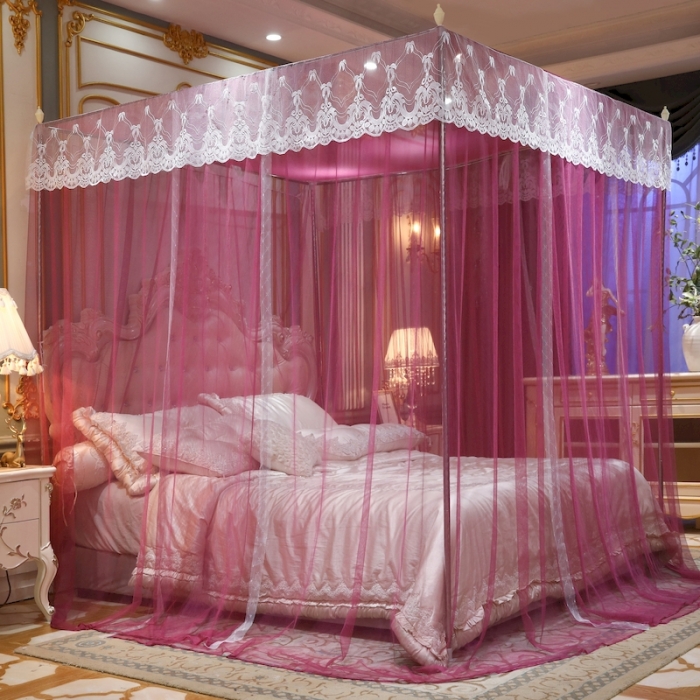 91家纺网 家纺一手货源 找家纺 初心家纺 2025新款蕾丝花边宫廷落地蚊帐-富贵吉祥 红豆沙
