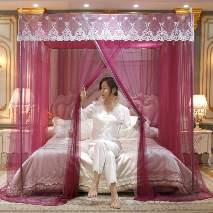 91家纺网 家纺一手货源 找家纺 初心家纺 2025新款蕾丝花边宫廷落地蚊帐-富贵吉祥 红豆沙