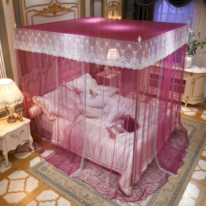 91家纺网 家纺一手货源 找家纺 初心家纺 2025新款蕾丝花边宫廷落地蚊帐-富贵吉祥 红豆沙