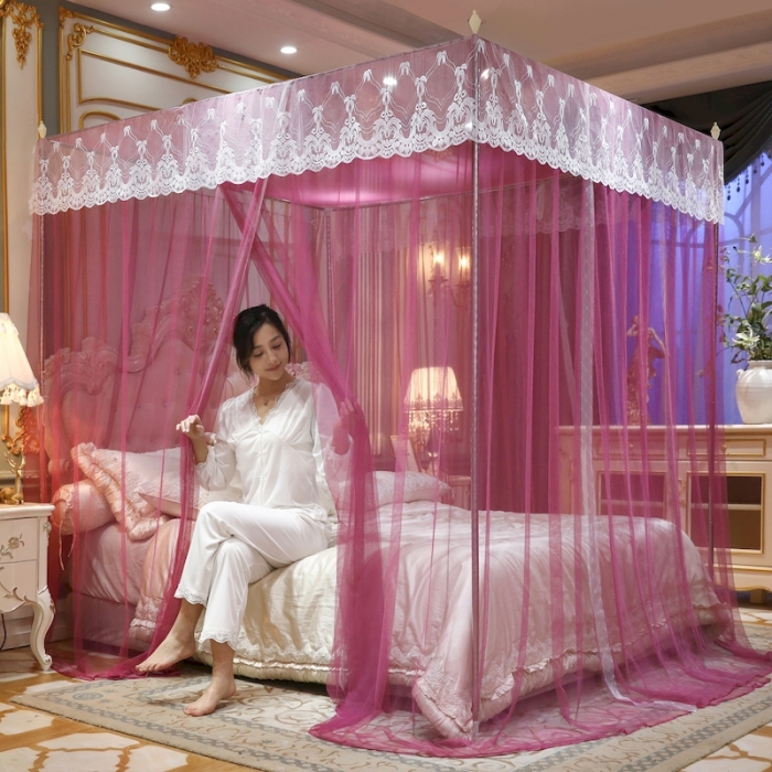 91家纺网 家纺一手货源 找家纺 初心家纺 2025新款蕾丝花边宫廷落地蚊帐-富贵吉祥 红豆沙