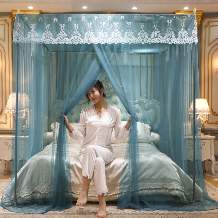 91家纺网 家纺一手货源 找家纺 初心家纺 2025新款蕾丝花边宫廷落地蚊帐-富贵吉祥 雾霾蓝