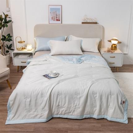 91家纺网 家纺一手货源 找家纺 兄弟坊 2022新款水洗真丝双拼刺绣夏被 蝴蝶结-米加蓝