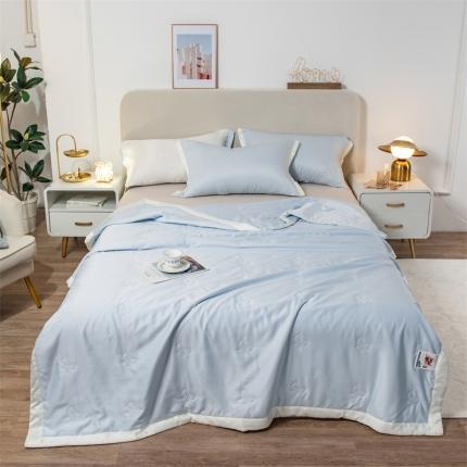 91家纺网 家纺一手货源 找家纺 兄弟坊 2022新款水洗真丝双拼刺绣夏被 蝴蝶结-天空蓝