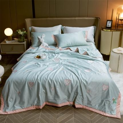 91家纺网 家纺一手货源 找家纺 兄弟坊 2022新款天丝莫代尔绣花夏被四件套 爱心棋盘-湖蓝