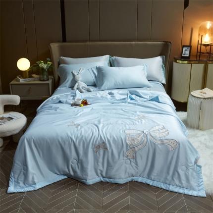 91家纺网 家纺一手货源 找家纺 兄弟坊 2022新款天丝莫代尔绣花夏被四件套 蝴蝶结-湖蓝