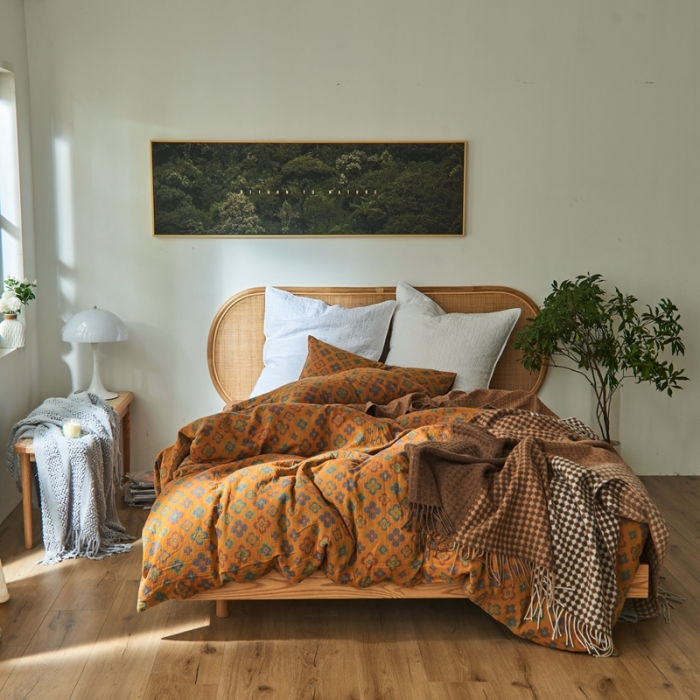 91家纺网 家纺一手货源 找家纺 2022新款色织提花全棉双层纱四件套 春田花花-黄