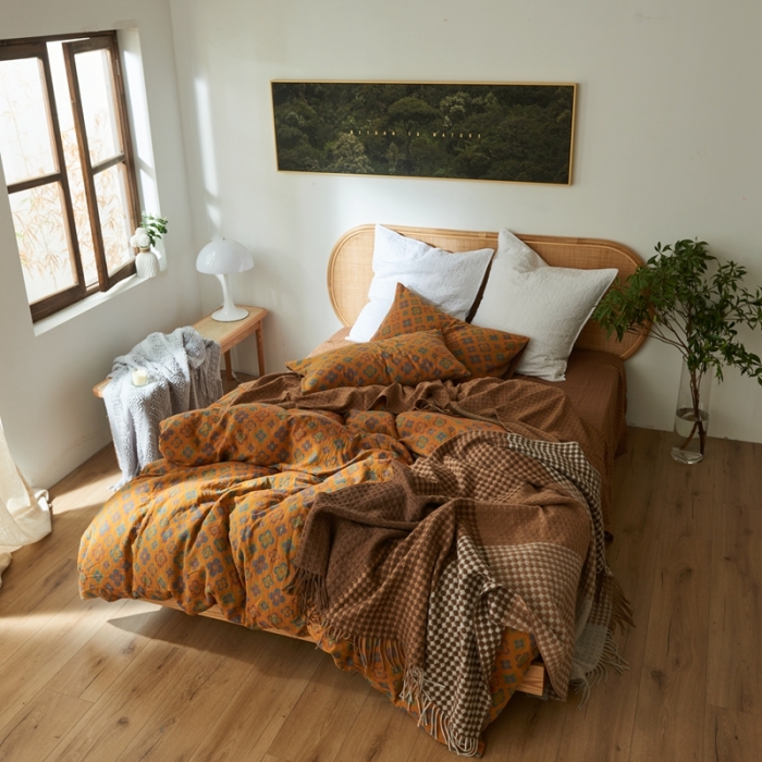 91家纺网 家纺一手货源 找家纺 2022新款色织提花全棉双层纱四件套 春田花花-黄