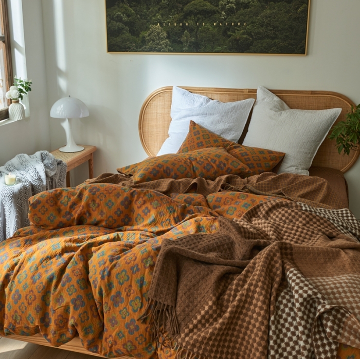 91家纺网 家纺一手货源 找家纺 2022新款色织提花全棉双层纱四件套 春田花花-黄