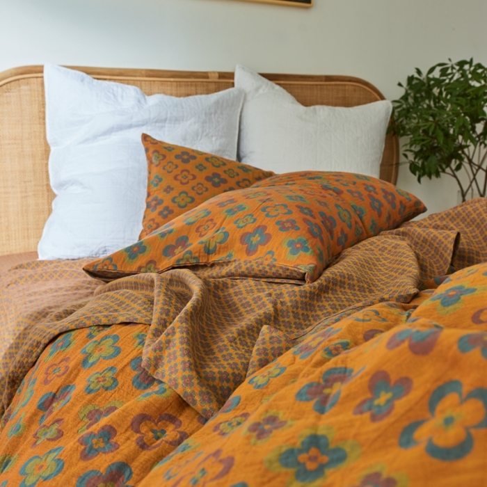 91家纺网 家纺一手货源 找家纺 2022新款色织提花全棉双层纱四件套 春田花花-黄