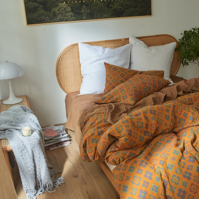 91家纺网 家纺一手货源 找家纺 2022新款色织提花全棉双层纱四件套 春田花花-黄