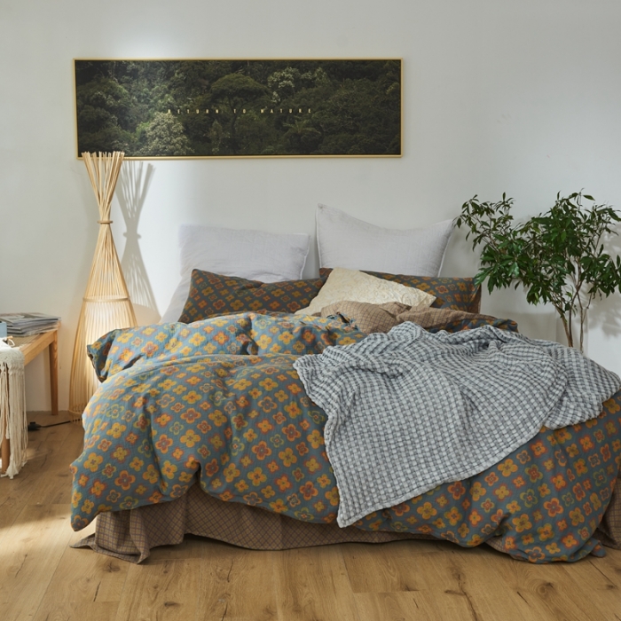 91家纺网 家纺一手货源 找家纺 2022新款色织提花全棉双层纱四件套 春田花花-蓝