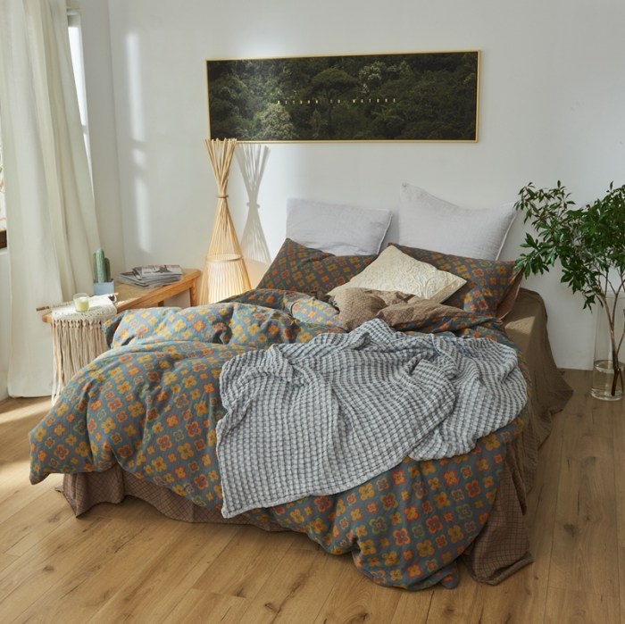 91家纺网 家纺一手货源 找家纺 2022新款色织提花全棉双层纱四件套 春田花花-蓝