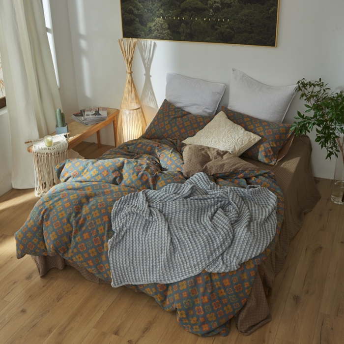 91家纺网 家纺一手货源 找家纺 2022新款色织提花全棉双层纱四件套 春田花花-蓝