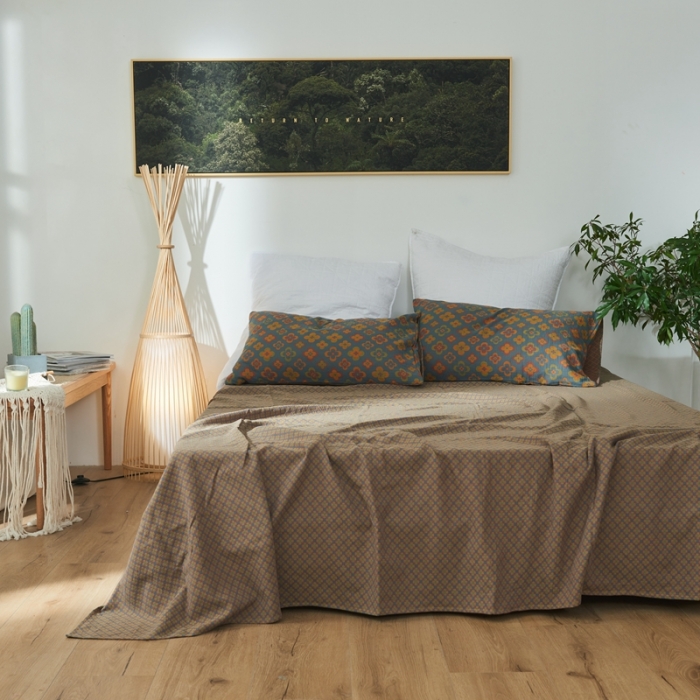 91家纺网 家纺一手货源 找家纺 2022新款色织提花全棉双层纱四件套 春田花花-蓝