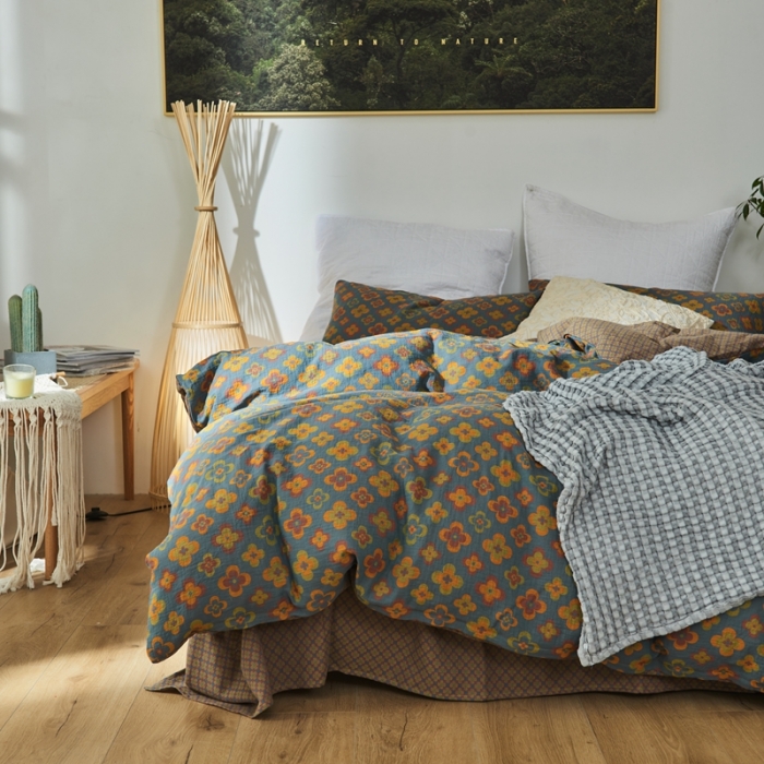 91家纺网 家纺一手货源 找家纺 2022新款色织提花全棉双层纱四件套 春田花花-蓝