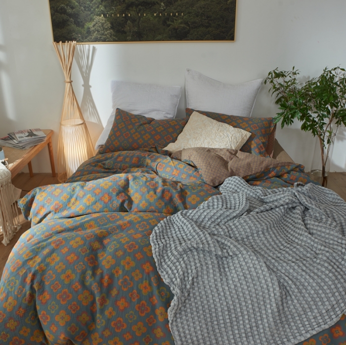 91家纺网 家纺一手货源 找家纺 2022新款色织提花全棉双层纱四件套 春田花花-蓝