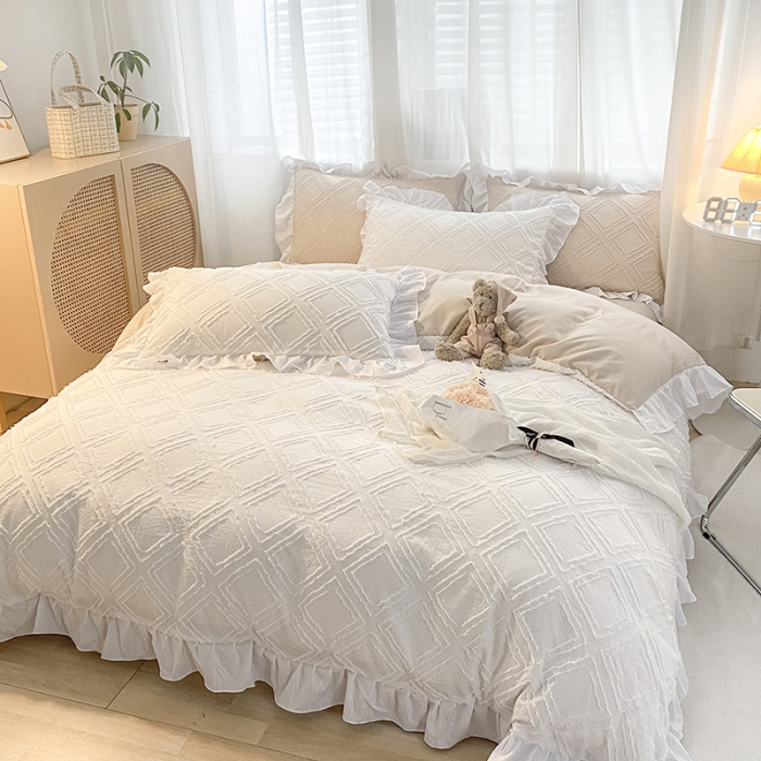 91家纺网 家纺一手货源 找家纺 澳梵家居2022新款韩式立体剪花小清新水洗全棉四件套泡芙-白