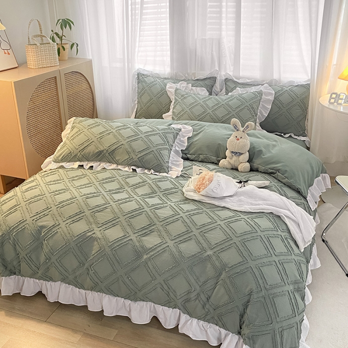 91家纺网 家纺一手货源 找家纺 澳梵家居 2022新款剪花小清新水洗全棉四件套 泡芙-草绿