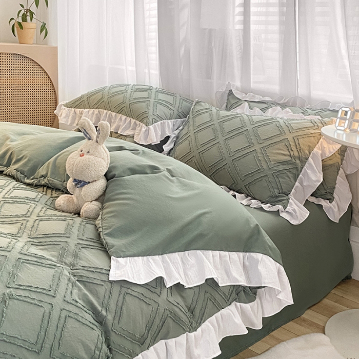 91家纺网 家纺一手货源 找家纺 澳梵家居 2022新款剪花小清新水洗全棉四件套 泡芙-草绿