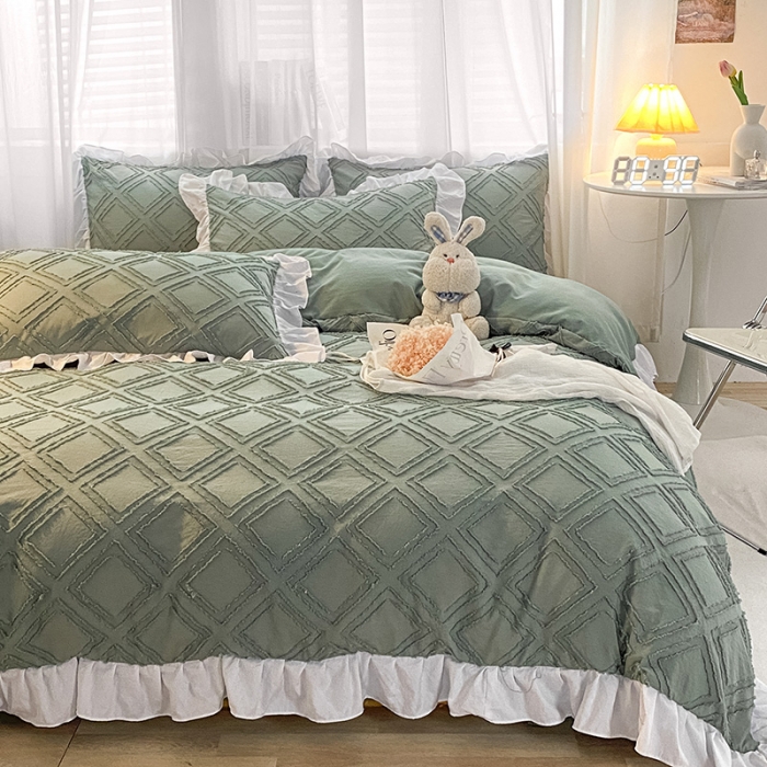 91家纺网 家纺一手货源 找家纺 澳梵家居 2022新款剪花小清新水洗全棉四件套 泡芙-草绿