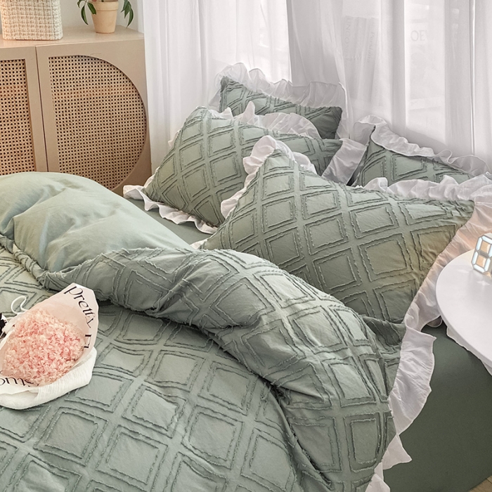 91家纺网 家纺一手货源 找家纺 澳梵家居 2022新款剪花小清新水洗全棉四件套 泡芙-草绿