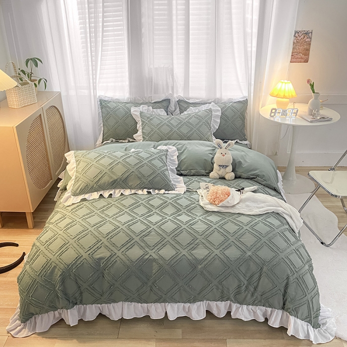 91家纺网 家纺一手货源 找家纺 澳梵家居 2022新款剪花小清新水洗全棉四件套 泡芙-草绿