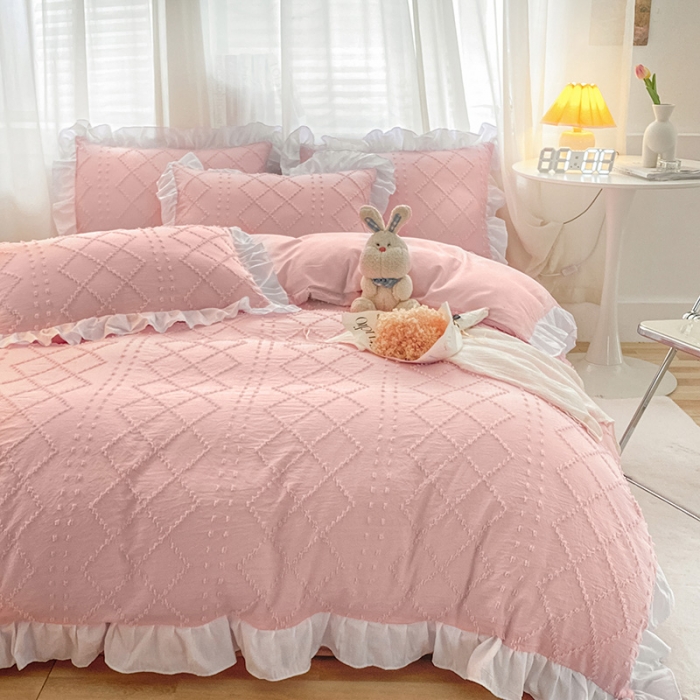 91家纺网 家纺一手货源 找家纺 澳梵家居2022新款韩式立体剪花小清新水洗全棉四件套泡芙粉玉