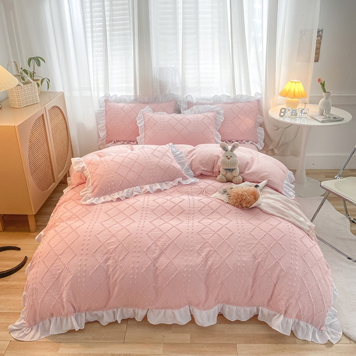 91家纺网 家纺一手货源 找家纺 澳梵家居2022新款韩式立体剪花小清新水洗全棉四件套泡芙粉玉